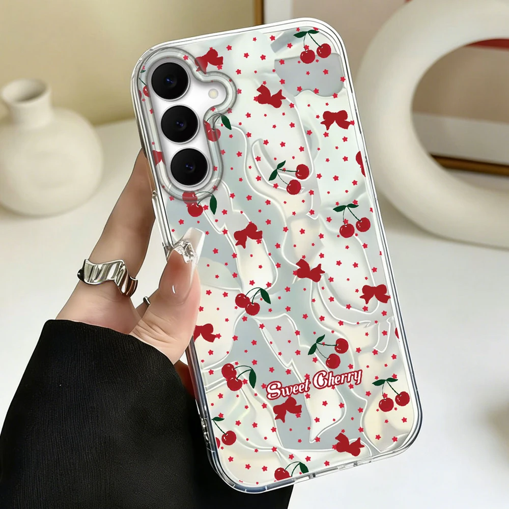 Cute Cherry Bow Fruit Polka Dot Pattern Phone Case For Samsung Galaxy A37 A57 A17 A16 A56 A54 A34 A24 A53 A15 Women Back Cover