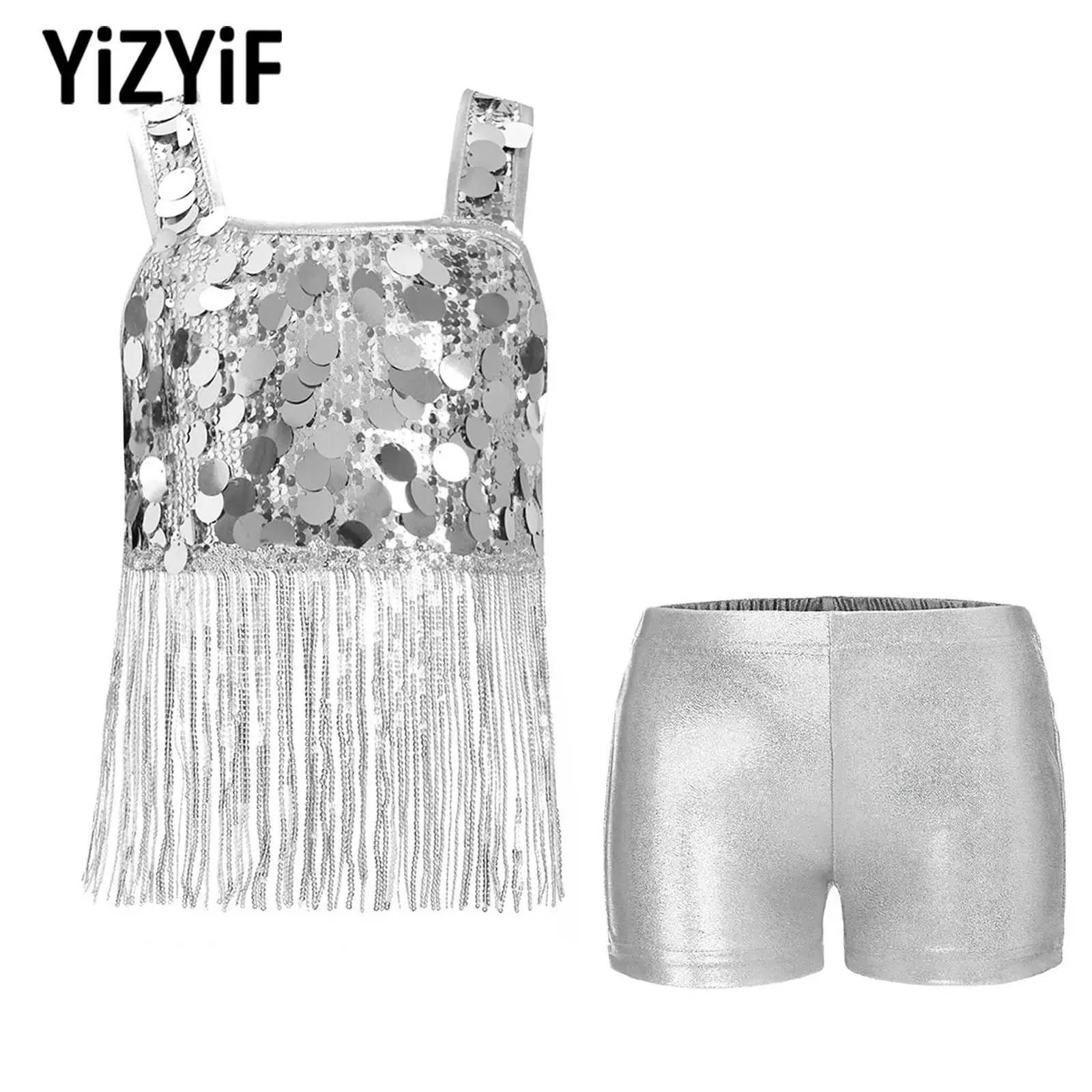 

2 Pcs Kids Girls Hip-hop Set Jazz Dance Costume Tassels Sequin Crop Top+shorts Children Performance Jazz Dance Clothes Costume