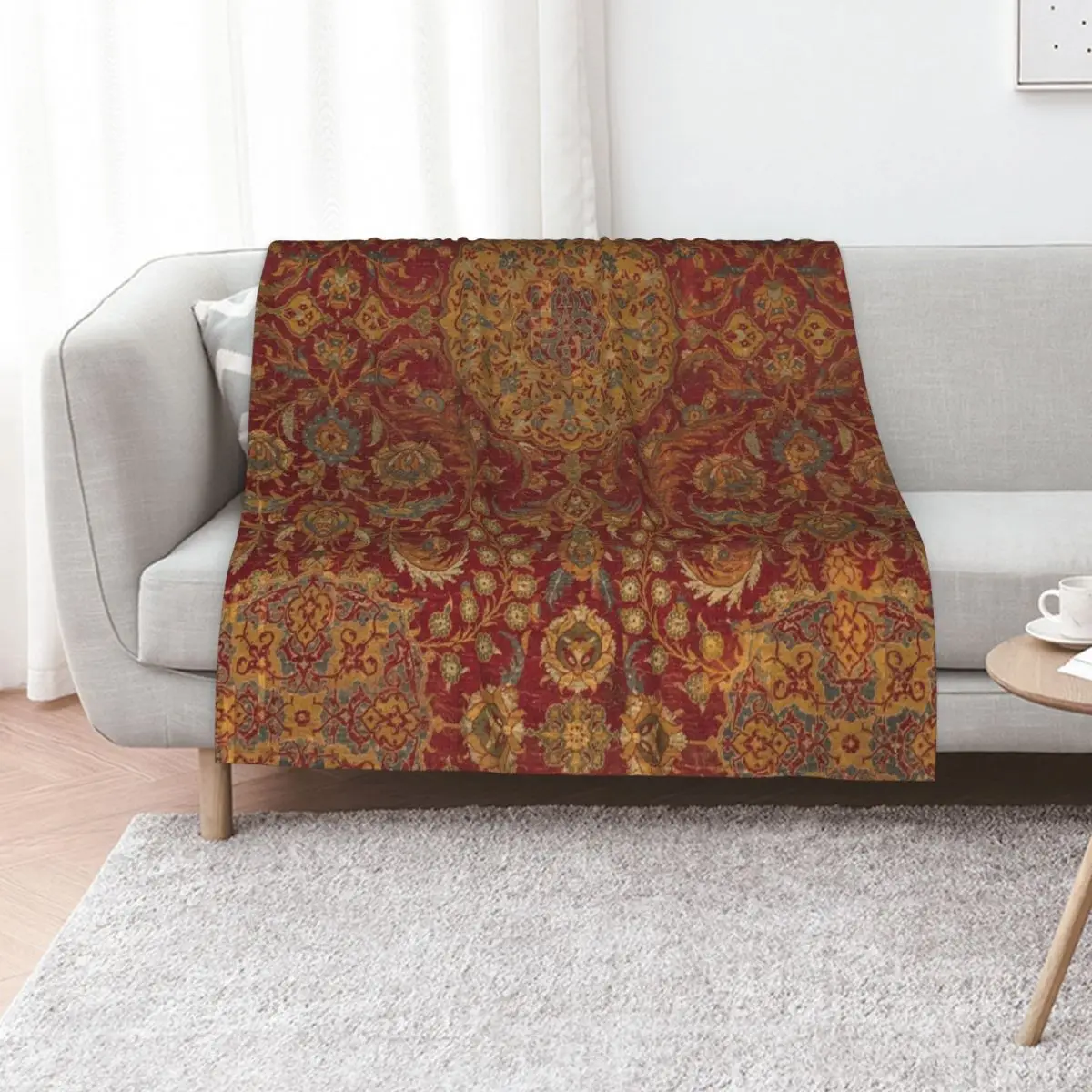 Boho Funky III // 16th Century Distressed Red Green Blue Flowery Colorful Ornate Rug Pattern Throw Blanket Thin Blankets