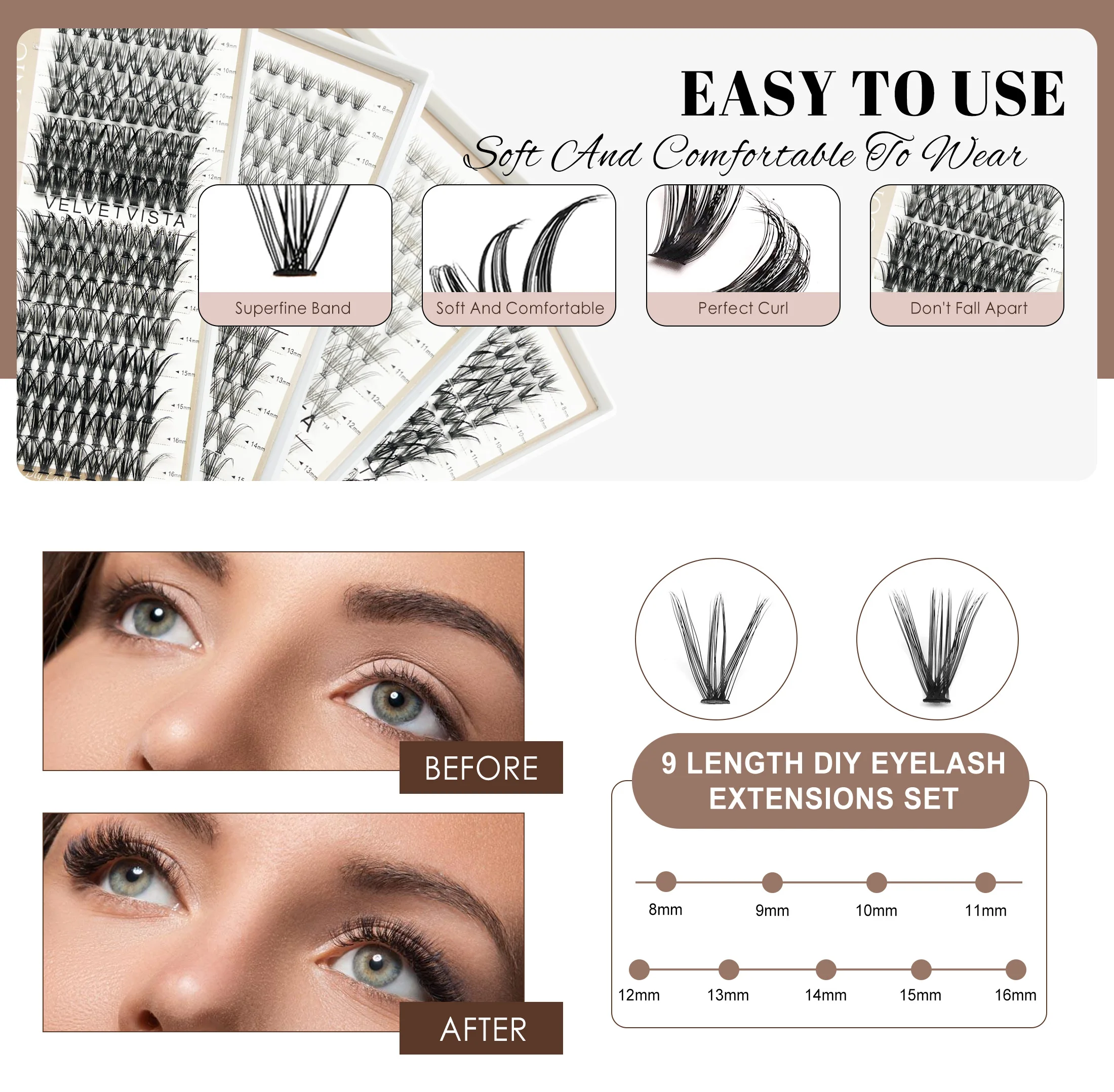 Kit di grappoli per ciglia fai-da-te di alta qualità Kit di estensione ciglia 30D con legame e sigillo per ciglia Rimuovi pinzette Trucco a tenuta forte