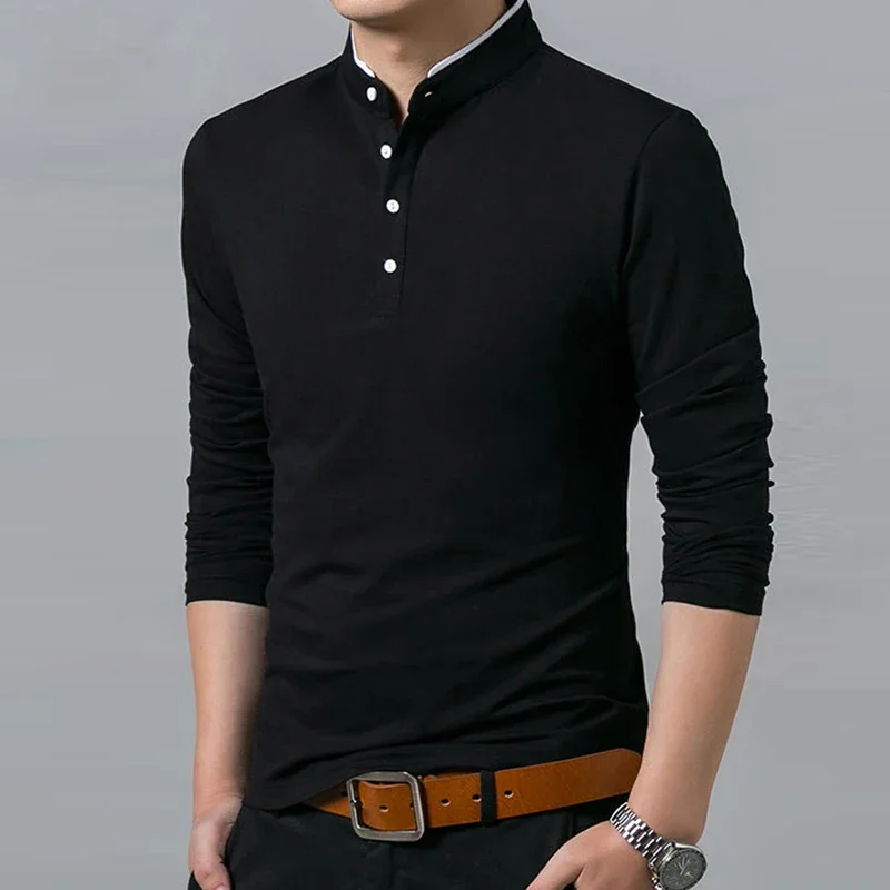 Men\'s Fashion Long sleeved POLO Shirt Casual Cotton Breathable Top Stand up Collar Korean Comfortable T-shirt Top