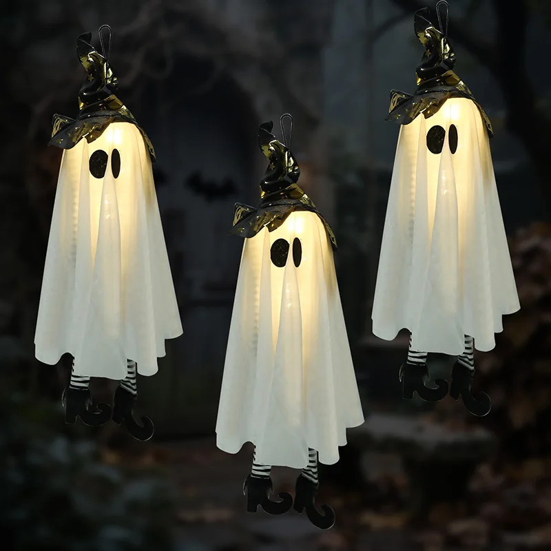 Halloween Hanging Ghost Decoration Outdoor Halloween Witches Hat Lights Glowing Ghosts for Garden Trees Yard Halloween Decor view 2