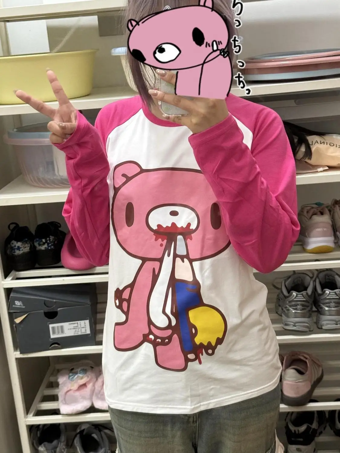 Cute Pink Raglan Sleeve Fun Bear Cartoon Graphic Tees Long Sleeve Oversized Pullover 2000s Y2K E-girls Punk Japan Anime Tops