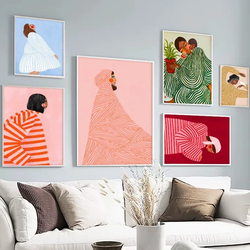 الانطباع شخصية المشارك فستان مخطط المرأة احتضان النبات حائط لوح رسم الفن الديكور مناسبة لغرفة نوم الحديقة