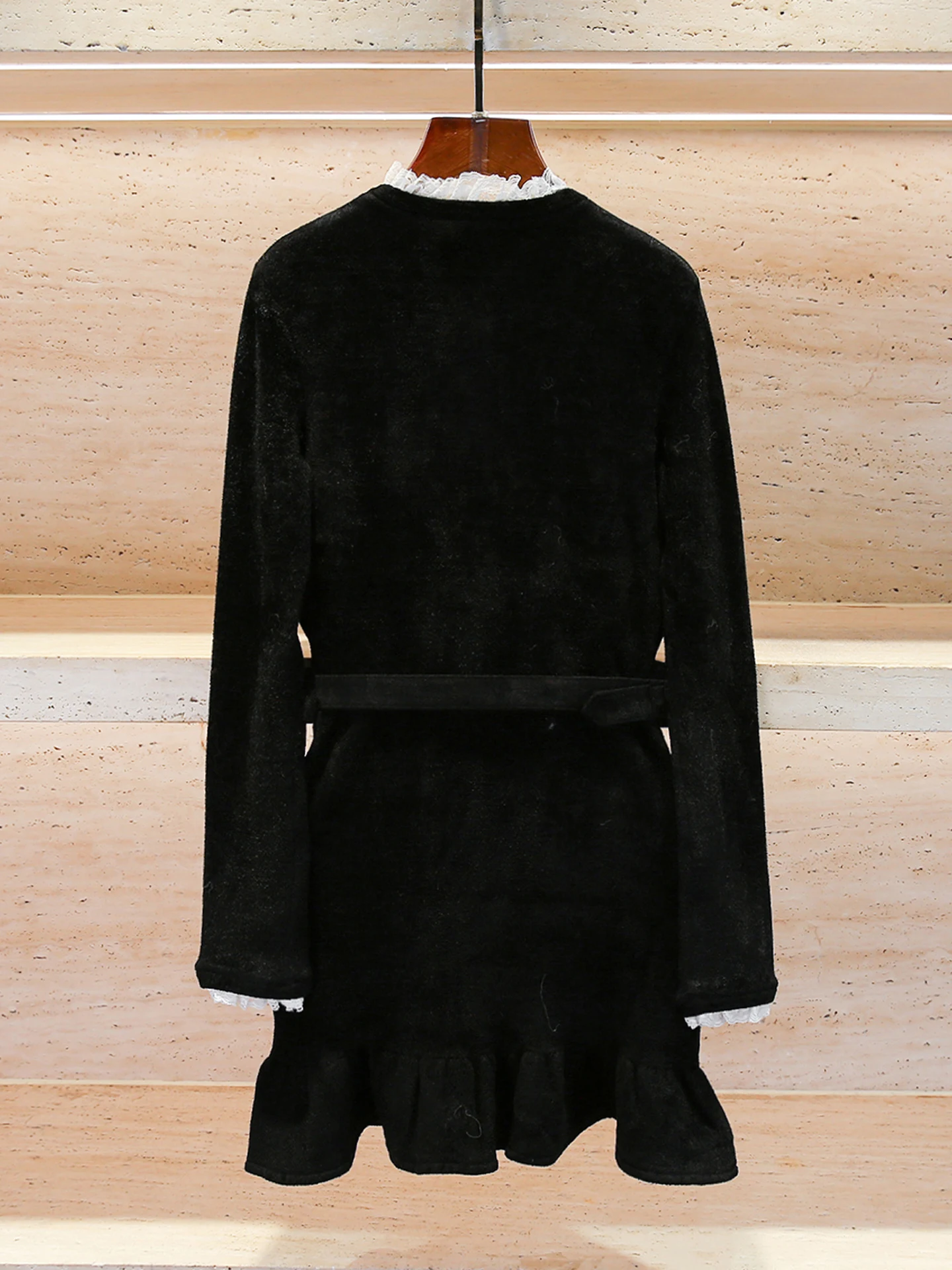 High-End Women's Lace Velvet Dr Autumn Season Ele Rich Girl Sle Button Closure Long Sve Stand Fit A-Line Skirt