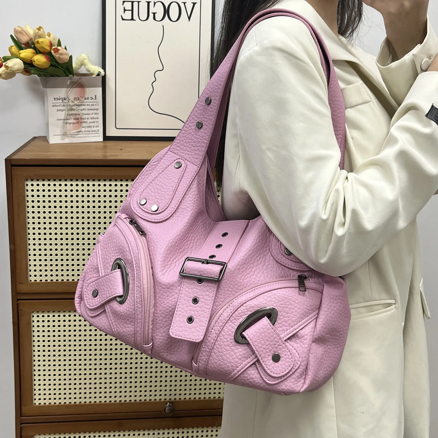 Women Vintage Y2K Punk Tote Bag PU Korean Street Style Zip Closure Motorcycle Shoulder Bag Large Capacity Daily Square Handbag
