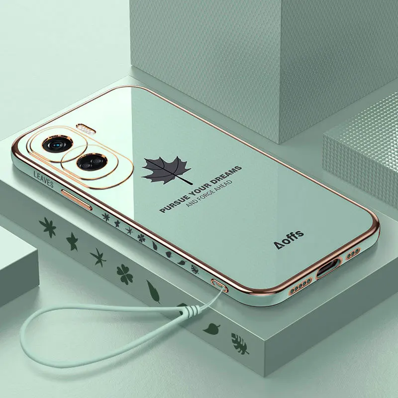 Luxury Plating Maple Leaves Lanyard Phone Case For Honor 90 Lite Cover For Huawei Honor 90 Lite pro X9 X6 Case Fundas Shockproof
