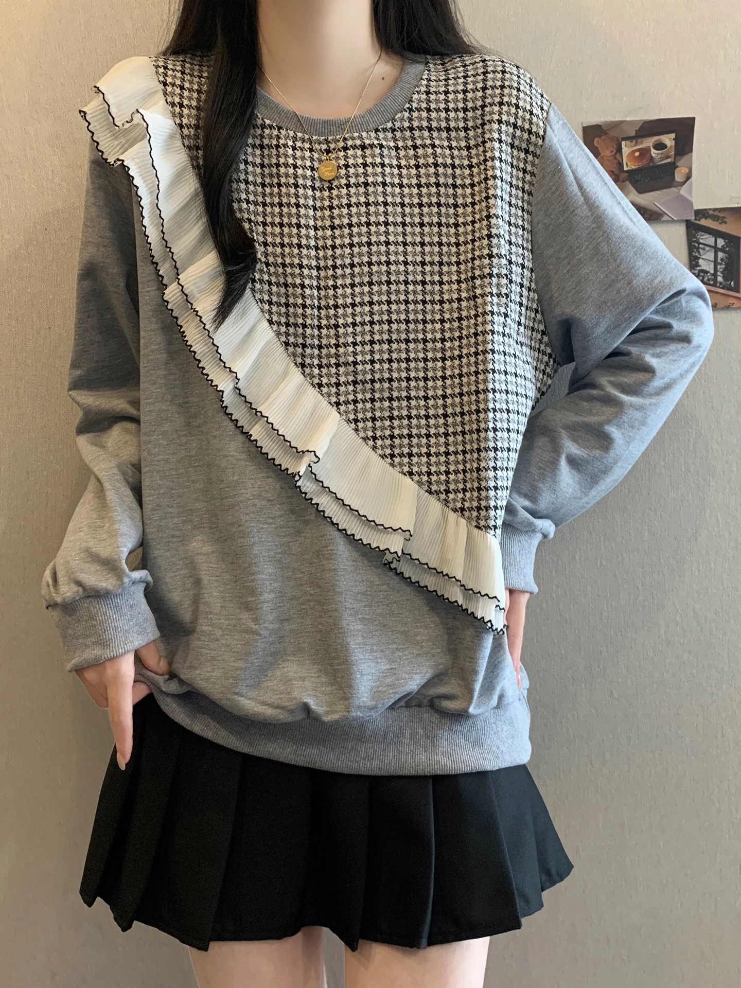 

Long Sve Hoodie Women's plus Size Patchwork Wood ain Irregular Design Autumn Faion Slimming Young-looking Sweatirt