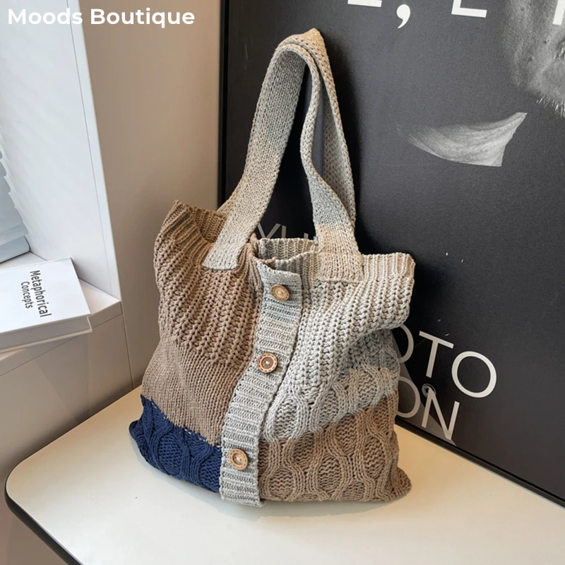 Woolen Knitted Shoulder Bags For Women 2023 Autumn New Jumper Shape Handbags Patchwork Large Capacity Hobo Bucket Shopper Totes