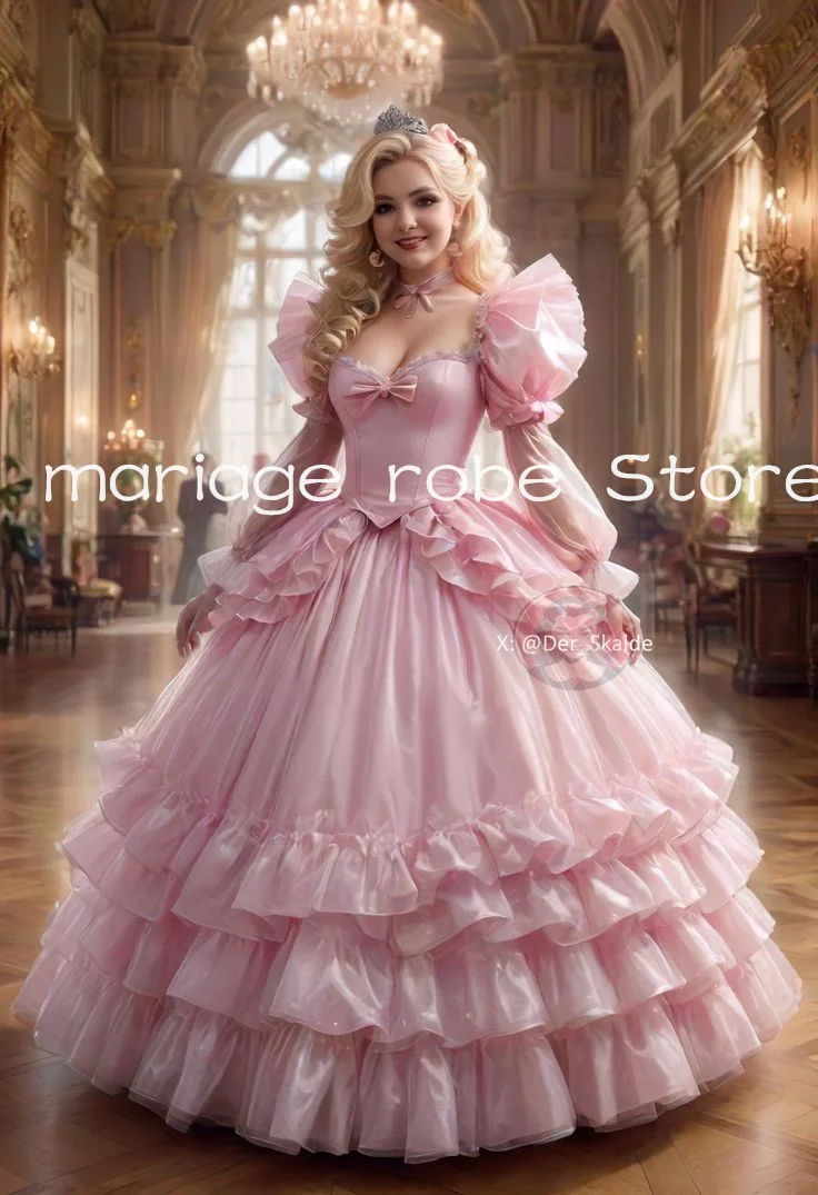 

Pink Princess Victorian Evening Dresses Ruffles Puffy Skirt Long Sleeve Lace-up Corset Prom Gown Costume masquerade Customsized