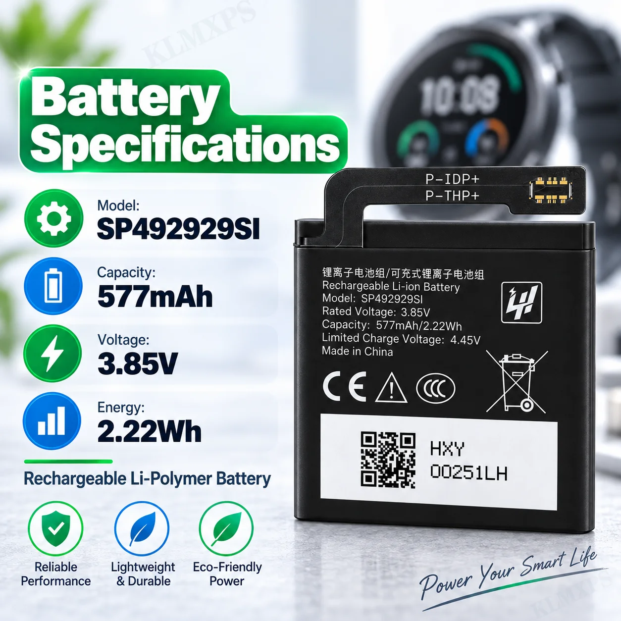 SP492929SI 3.85V 577mAh Li-ion Polymer Battery Replacement for TieWatch Pro 3 GPS Smart Watch Rechargeable Battery with Tools