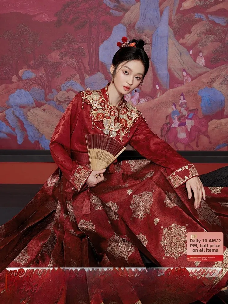 

Red New Chinese Sle Top for Women Engagement Wedding Ceremony Drinking Etiquette Skirt Hanfu Suit by iyu Thirteenth