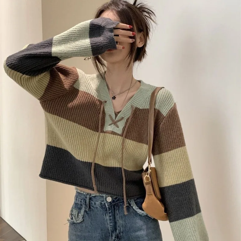 Striped Fashion Women Sweaters 2024 Autumn Winter Pullovers Korean Knitwears Long Sleeve Clothes Knit Top Ladies Lace-up Sweater