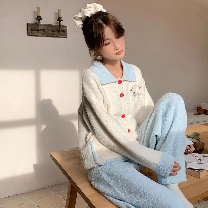 

Women's Pajama Set Cartoon Cute Cardigan Comfortable Sleepwear Large Pocket Long Pants Home Wear Sleeved Sets Autumn Winter