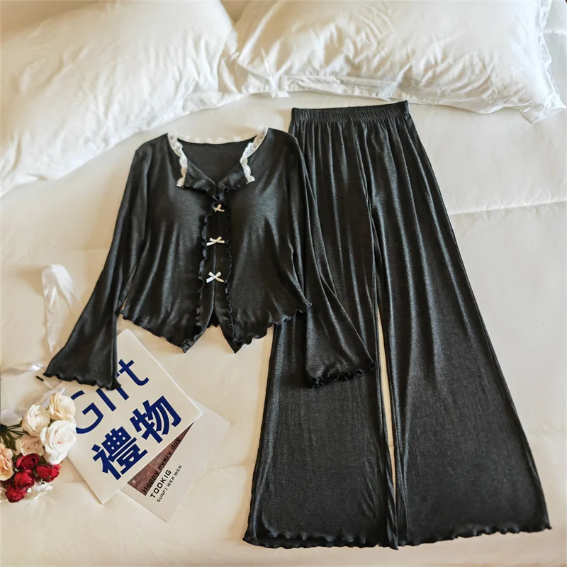 Pijama Feminina New Modal Chest Pad Set 2 Piece Woman Long Sleeve Pajama Sets Casual Korean Sleepwear Pyjamas Femme Home Wear - view 2