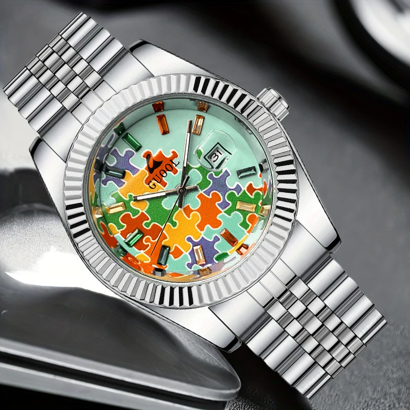 New Hot-Selling Men's Stainless Steel Five-Link Steel Band Watch with Puzzle Pattern, Business Style, Round Case, Calendar Display Function, Valentine's Day Gift, Father's Day Gift, Holiday Gift, Halloween Gift, Christmas Gift, Thanksgiving Gift view 2