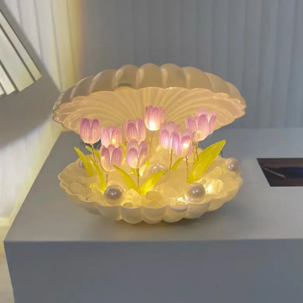 1Pc Shell Tulp Nachtlampje Handgemaakte DIY Home Decor Slaapkamer Sfeer Licht Meisje Moeder Vriendin Verjaardagscadeau Valentijnsdag