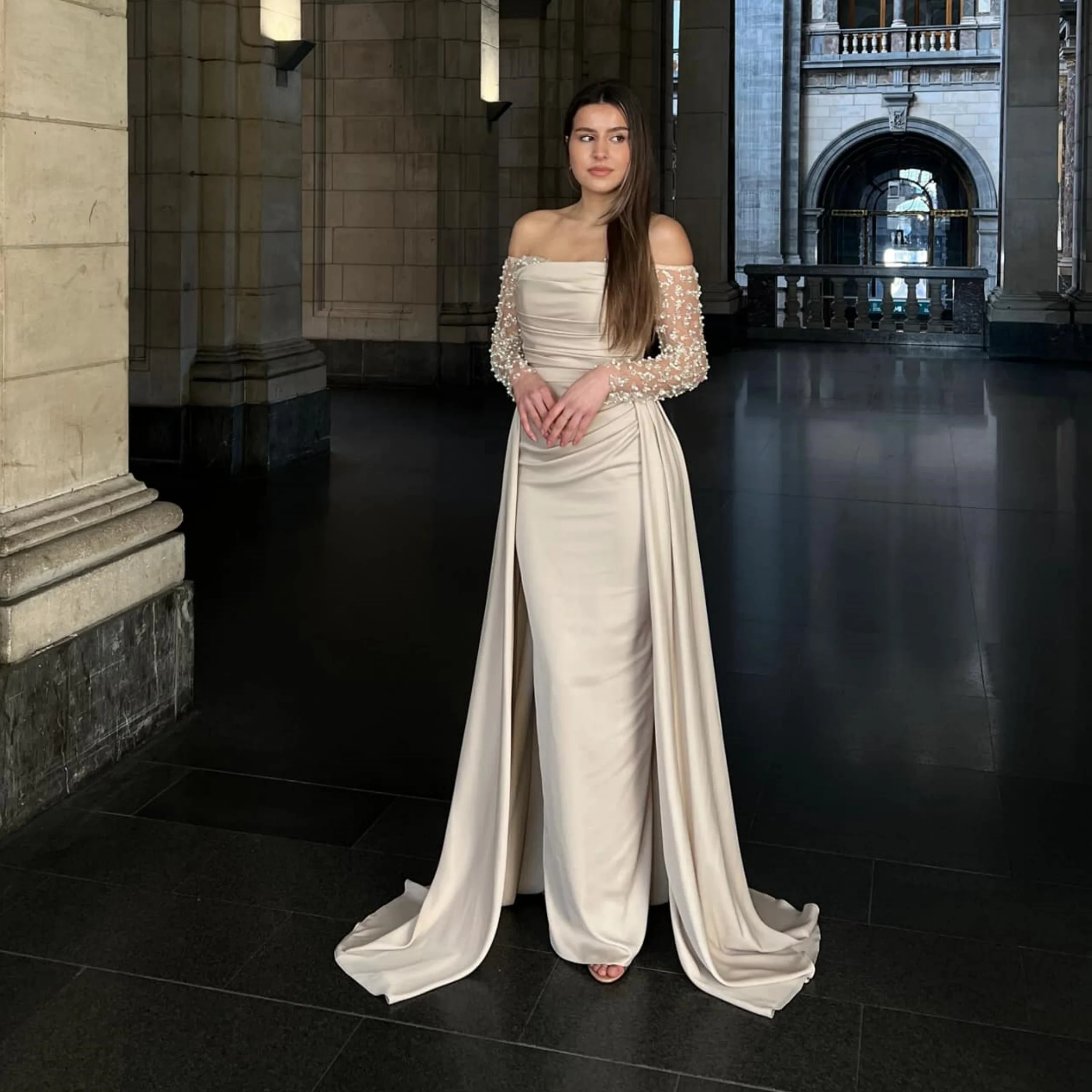 

Charming Off Shoulder Prom Dress for Women New Beige Formal Evening Dress Graduation Ceremony Customized Beading Party Gowns