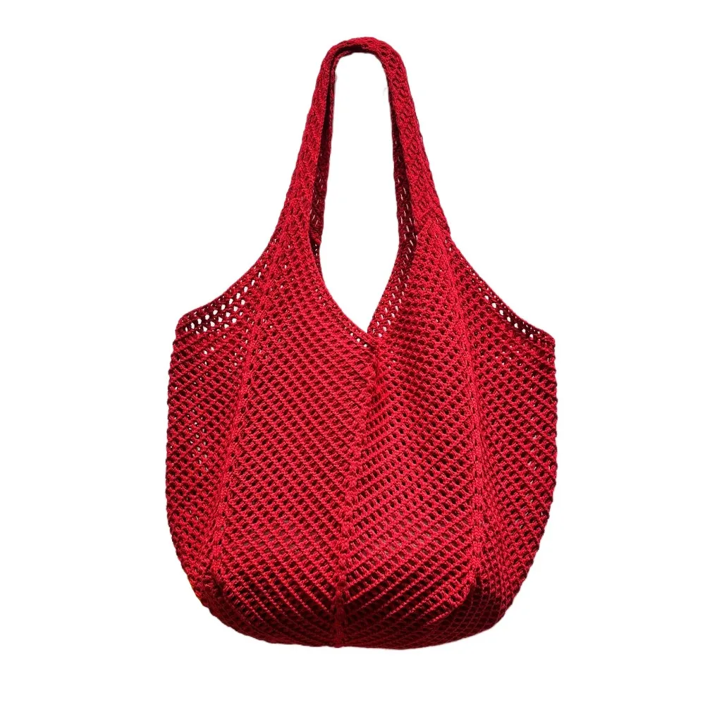 

Solid Color Knitting Shoulder Bag Large Capacity Versatile Bohemian Crochet Tote Bag Hollow Out Casual Woven Handbag Vacation