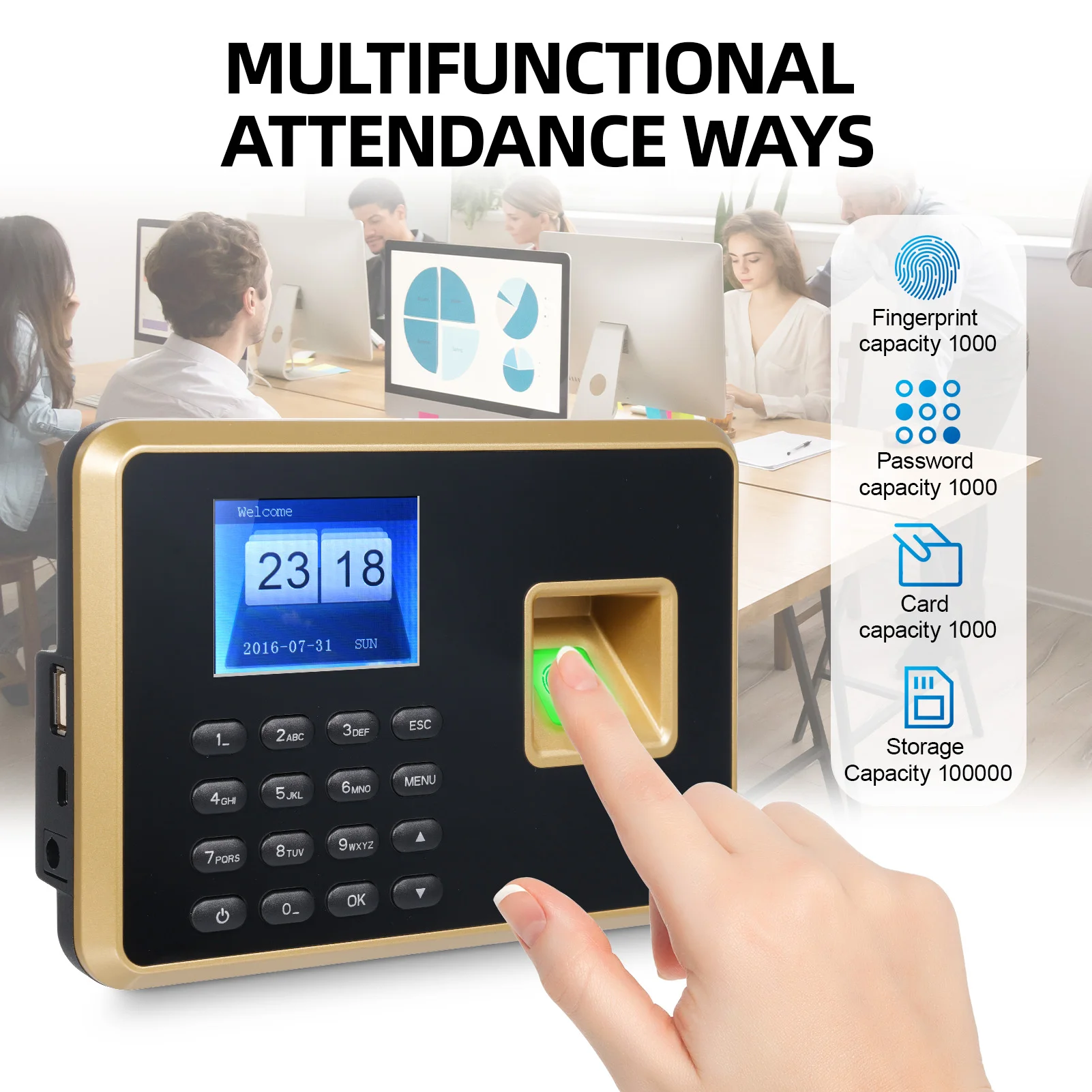 Bisofice Biometric Time Clock Attendance Machine for Employees 1000pcs Fingerprint/1000pcs Password/1000pcs ID Card 5 Languages