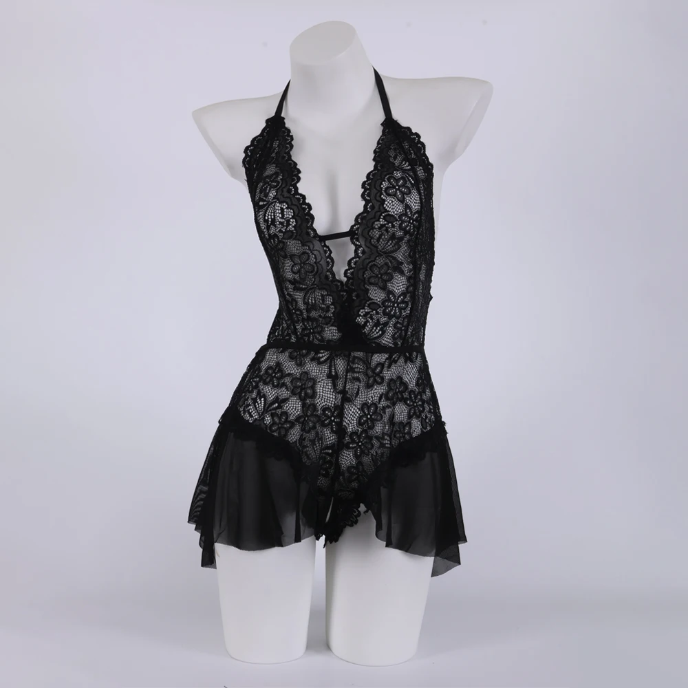 ملابس داخلية مثيرة وساحرة، بذلة برباط شفافة من الدانتيل الأسود، ثوب نوم رومانسي مفتوح المنشعب بدون تأخذ