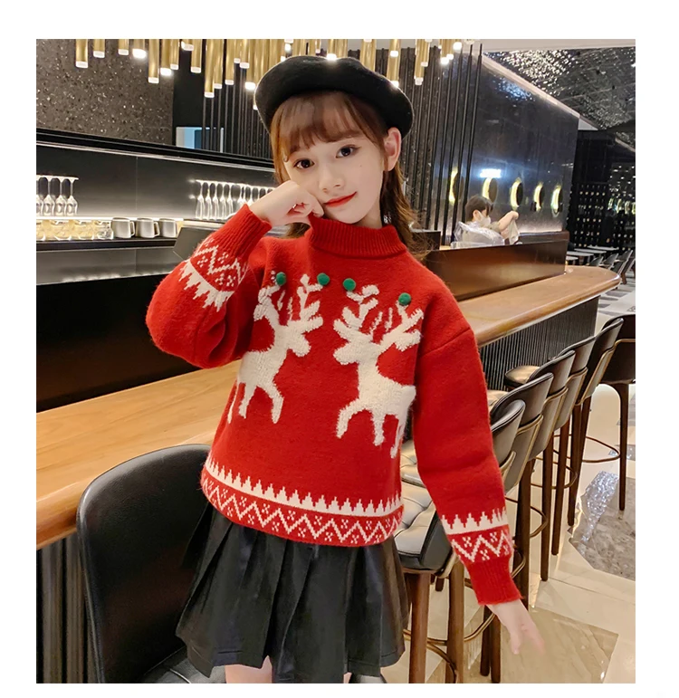 Kinder-Weihnachtspullover-Kostüm für Mädchen, Neujahrspullover mit Hirschmotiv, gestrickte Kleidung, Kinder-Rollkragenpullover, rote Strickware, Alter 4-13 Jahre – Detail 7
