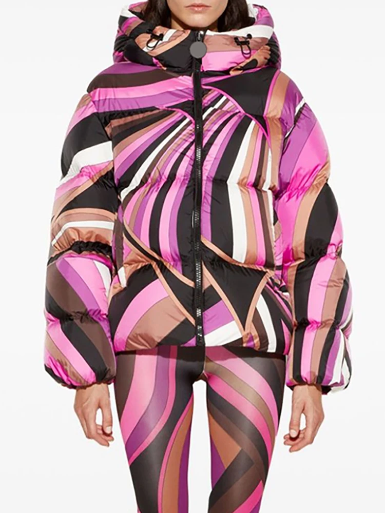 Winter Fashion Outdoors Geometric Print Loose Casual Straight Barrel Down Jacket Women's Hooded Long Sleeve Warm Pockets Coat