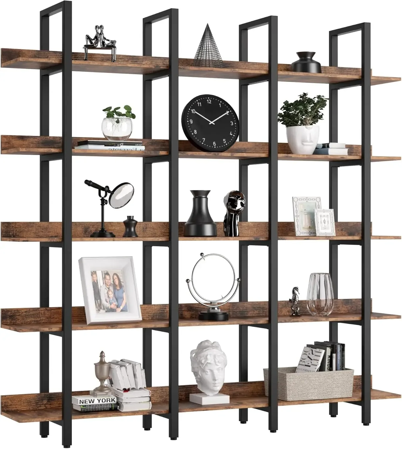 Bookcase and Bookshelves Triple Wide 5 Tiers Large Open Shelves, Etagere Bookcases with Back Fence for Home Office Decor, Easy A