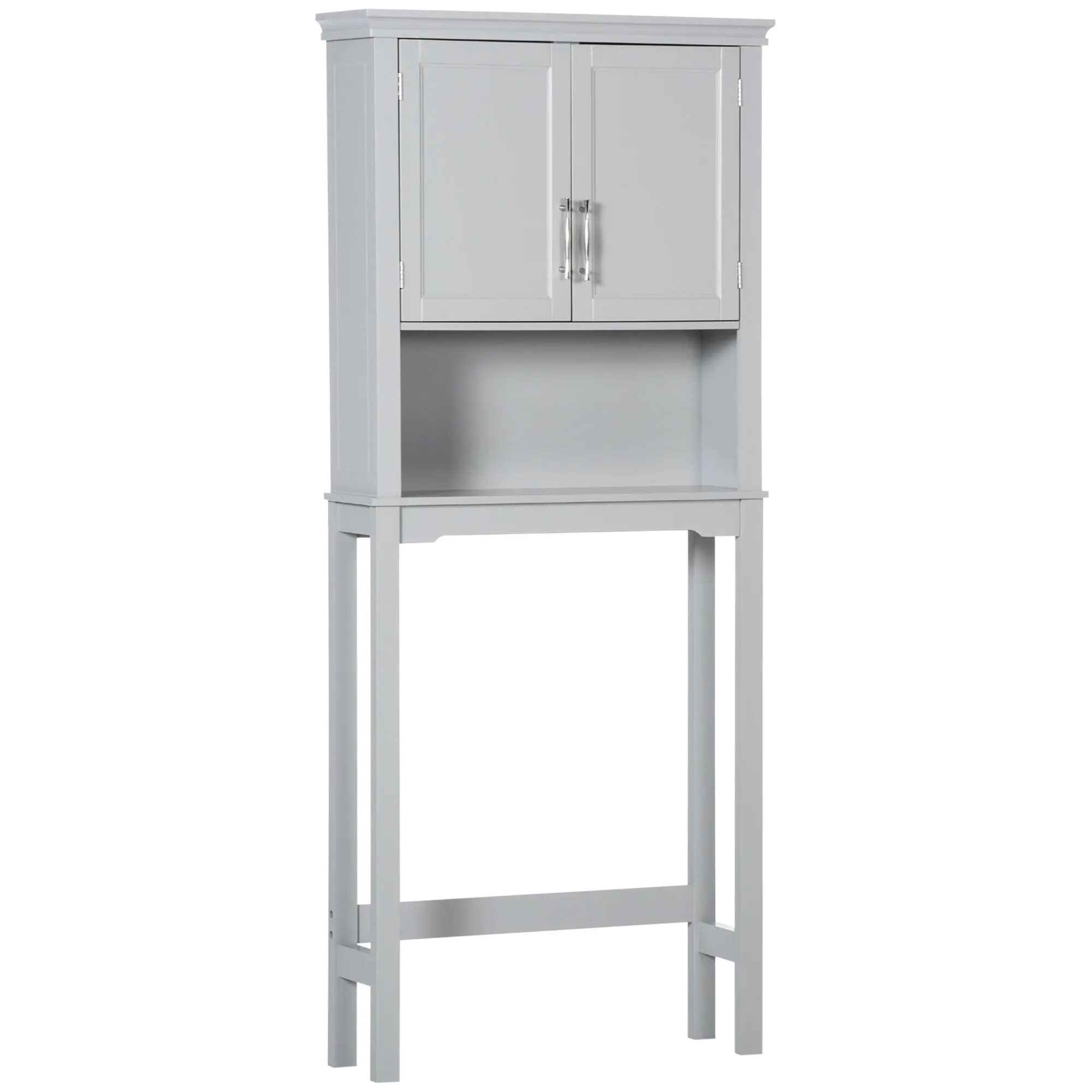 Kleankin Modern over the Toilet Storage Cabinet, Double Door Bathroom Organizer with Inner Adustable Shelf and Open Shelf, Grey