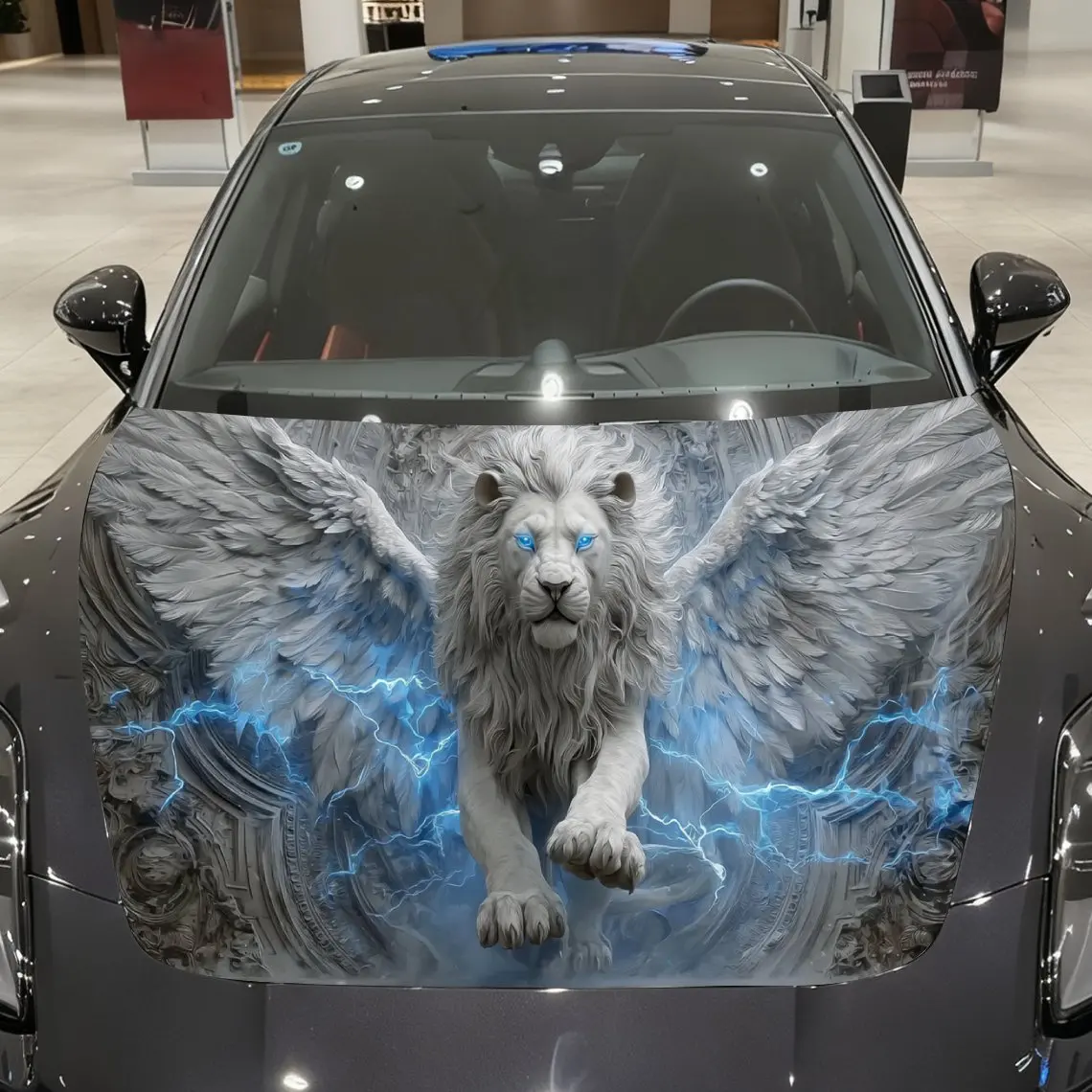 

Electric Blue-Eyed Winged Lion and Vintage Relief Car Vinyl Wrap, PVC Material Waterproof Car Hood Sticker, Self-Adhesive Scratc