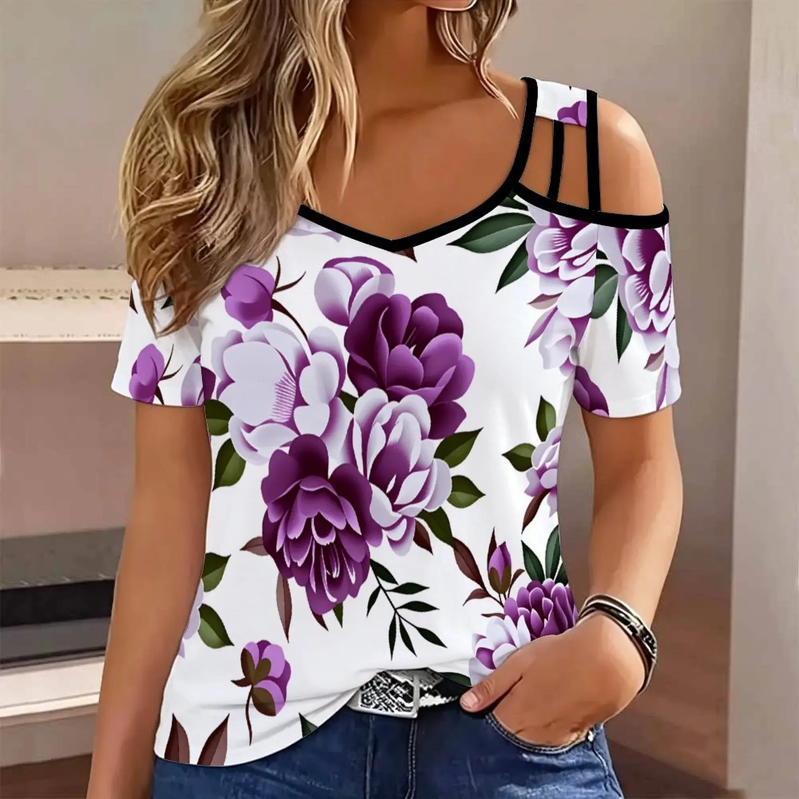 Plus Size Summer Ladies  Slim  Print Cold Shoulder V Neck T-shirt  Fashion Casual Women’s Top Commuting Vacation Beach Outfits