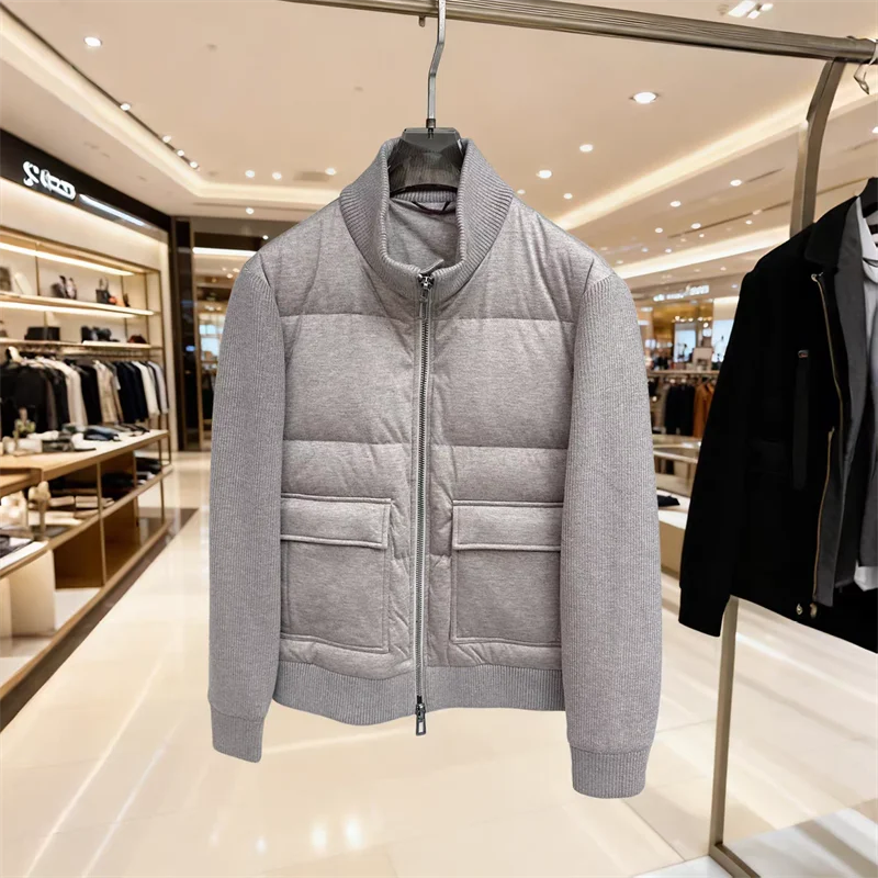 

2025 мужская осенне-зимняя шерстяная куртка на пуговицах с воротником на молнии в стиле пэчворк, вязаный воротник 90, белый пуховик с перьями, пальто