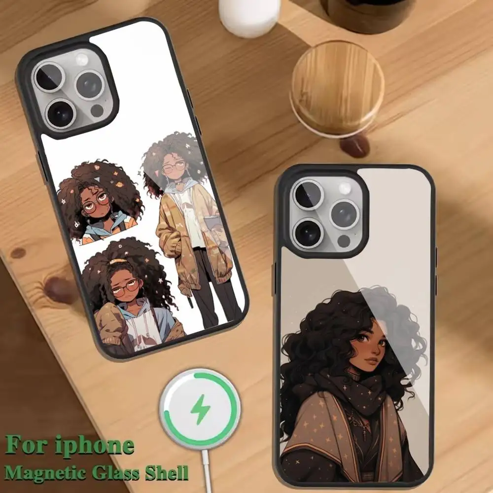 

Afro Black Girl Cute Phone Case For Magnetic Wireless Charge Cover For iphone 16 15 14 13 12 11 Pro Max Plus Coque