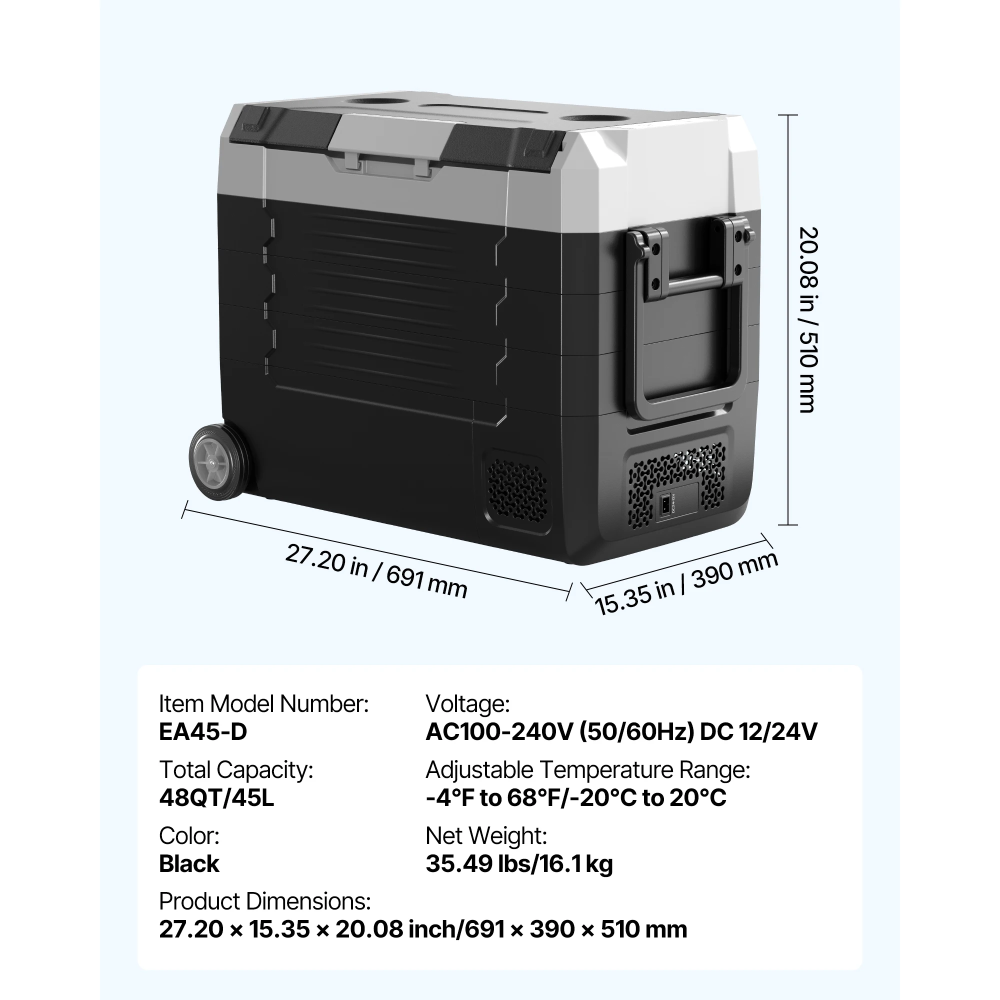 SucceBuy 35L/45L/55L Draagbare Opvouwbare Handvat Auto Koelkast met Wiel Compressor Vriezer voor Camping Picknicks Auto thuis Traval