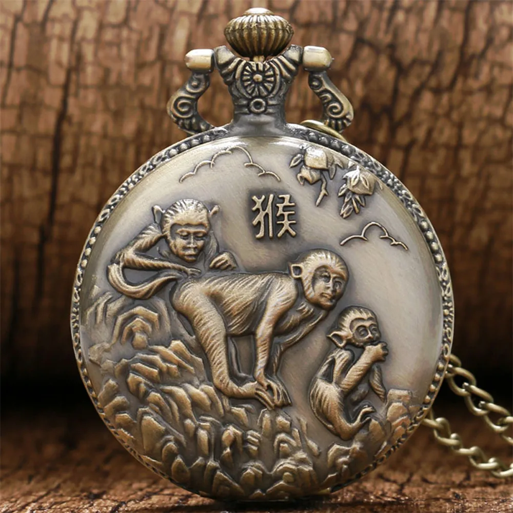 Vintage Bronze Chinese Zodiac Rat/Ox/Tiger/Rabbit/Dragon/Snake/Horse/Sheep/Monkey/Rooster/Dog/Pig Quartz Necklace Pocket Watches