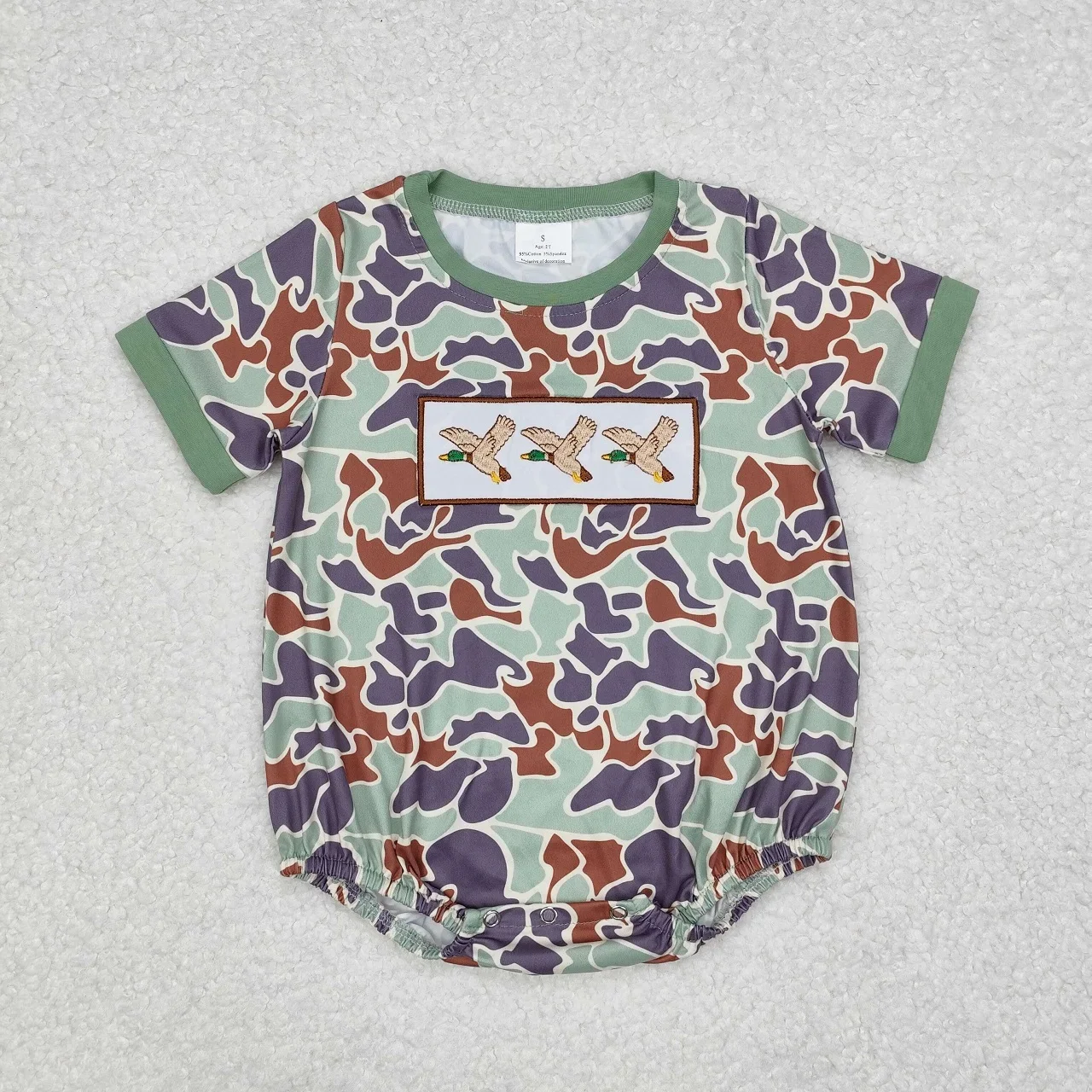 Wholesale Kids Short Sleeves Ducks Toddler Romper Children Baby Boy Bubble Embroidery Coverall Newborn Camo Green Bodysuit