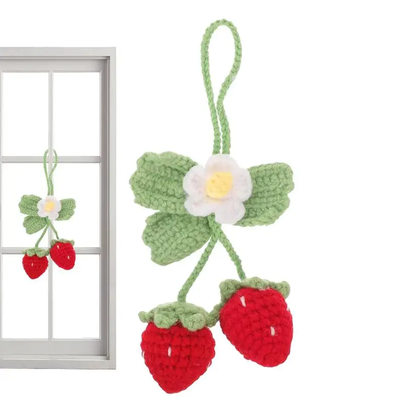 20cm Cute Strawberry Fruit Car Decor Crochet Red Strawberry Car Hanging Teens Interior Rear View Mirror Decoration