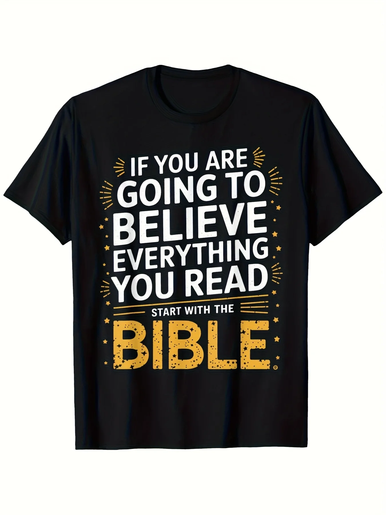 Men'S Christian Faith T-Shirt Featuring a Bible Verse Design That Encourages Starting with The Bible And Being Cautious about What You Believe. Made from Soft, Breathable, This Oversized Relaxed Fit Shirt Is Perfect for Church, The Gym