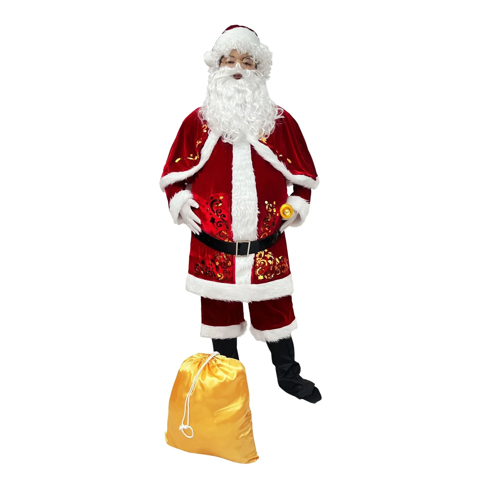 Adult Unisex Santa Claus Cosplay Costume Christmas Performance Outfit Bearded Old Man Stage Showing Gold Velvet Dress Up New set