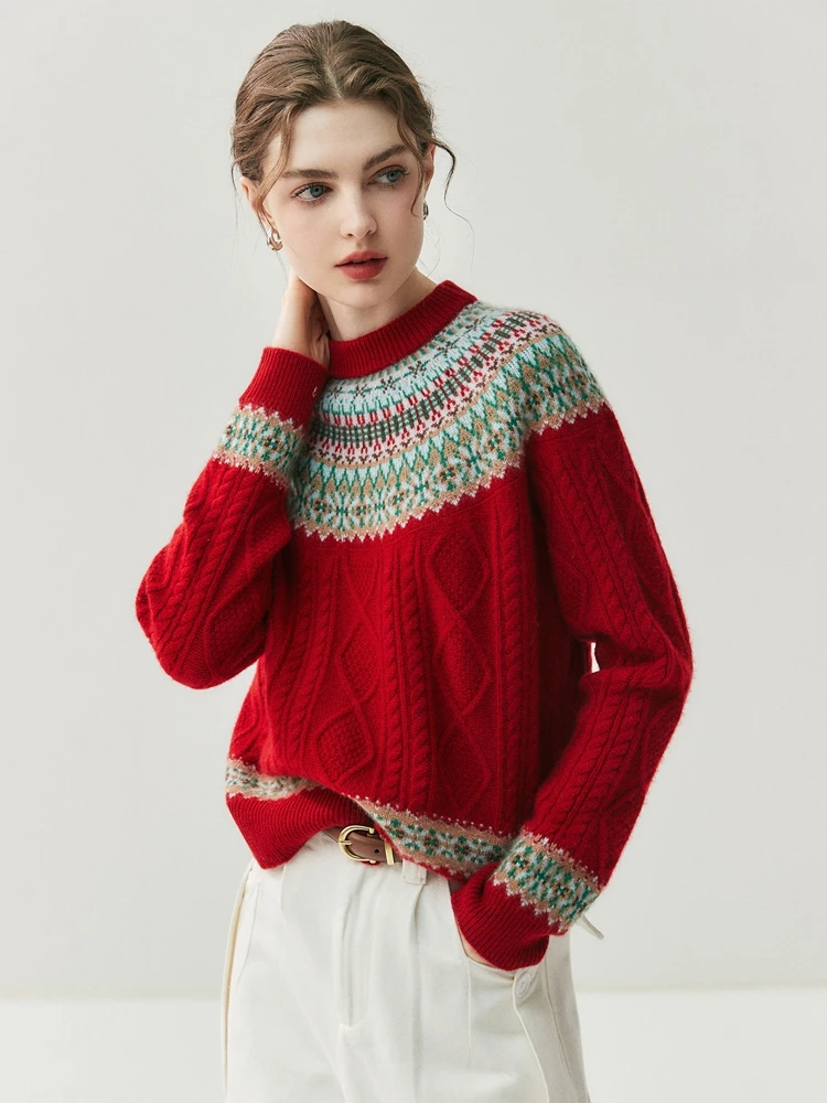 CHICUU Women Vintage Cashmere Pullover Autumn Winter Thick 100% Cashmere Sweater Cable Knit Jacquard Knitwear Mock Neck Cloth - Detail 1