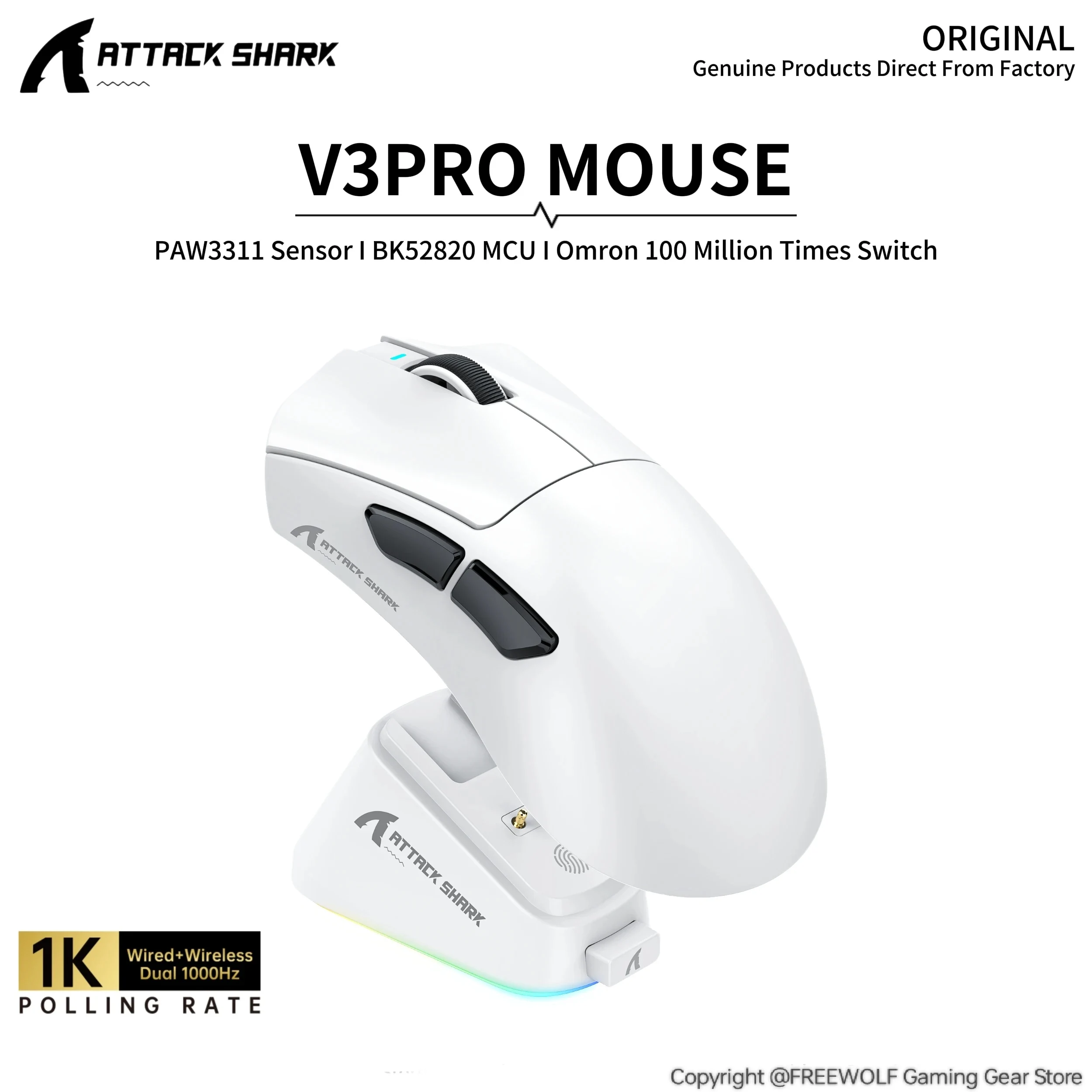 

Attack Shark V3Pro Bluetooth Wireless Mouse 1000 Hz,PAW3311 Sensor,RGB Magnetic Charging Dock,Lightweight Mouse for PC/Web