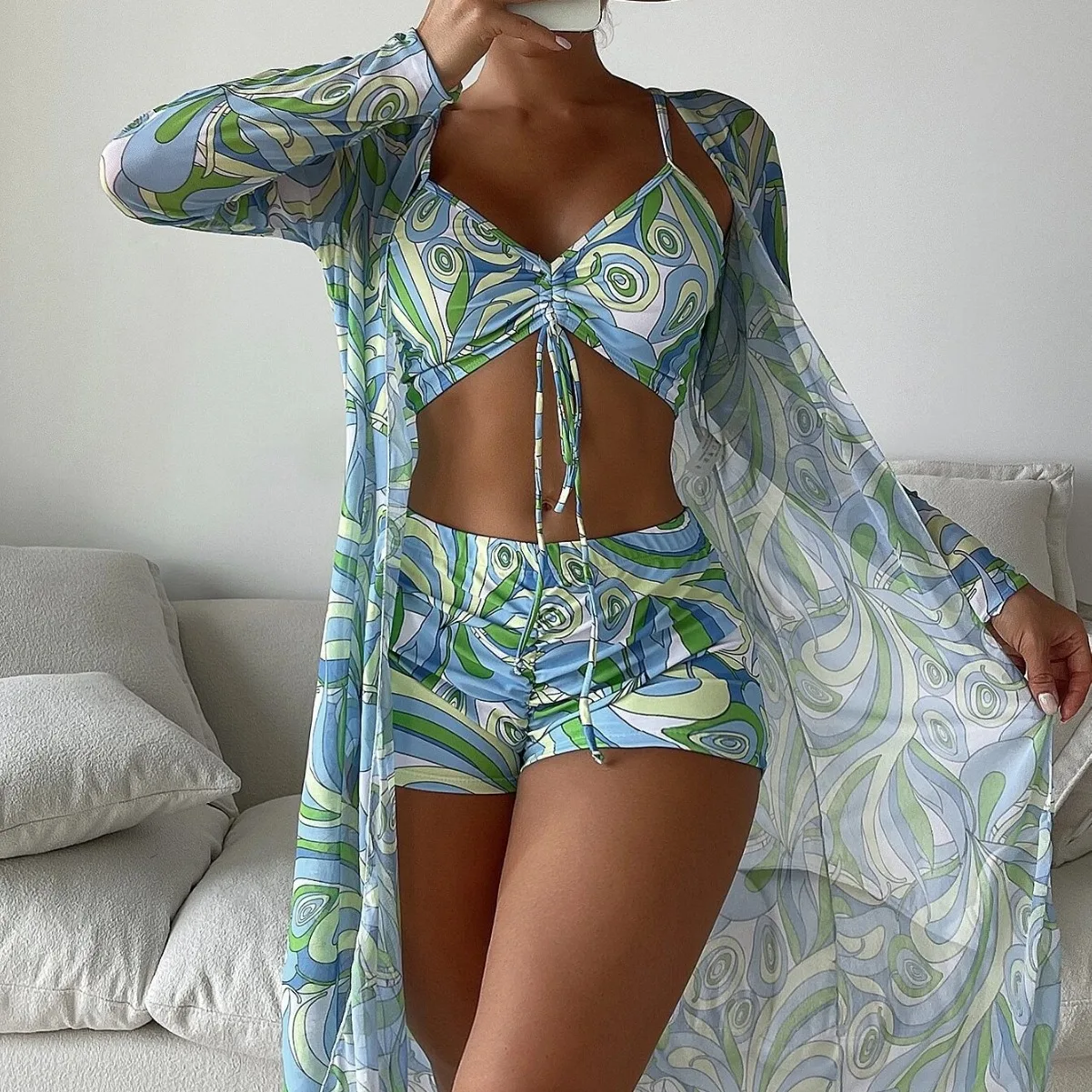 

Ultraluxurious Swimsuit Figure Flattering High-Waist Bikini Three-Piece Sheer Beachwear Resortwear Elegant Chic Swimwear