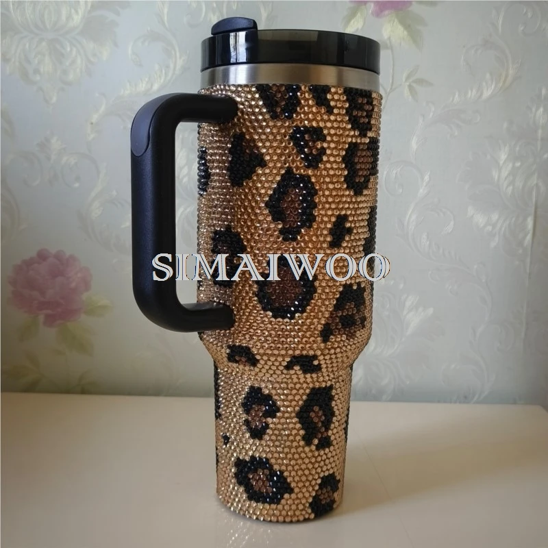 Rhinestone Brown Leopard Print Tumbler Customizable Handcraft 40OZ Water Bottle Stainless Steel Thermal Vaccum Mosaic Coffee Mug