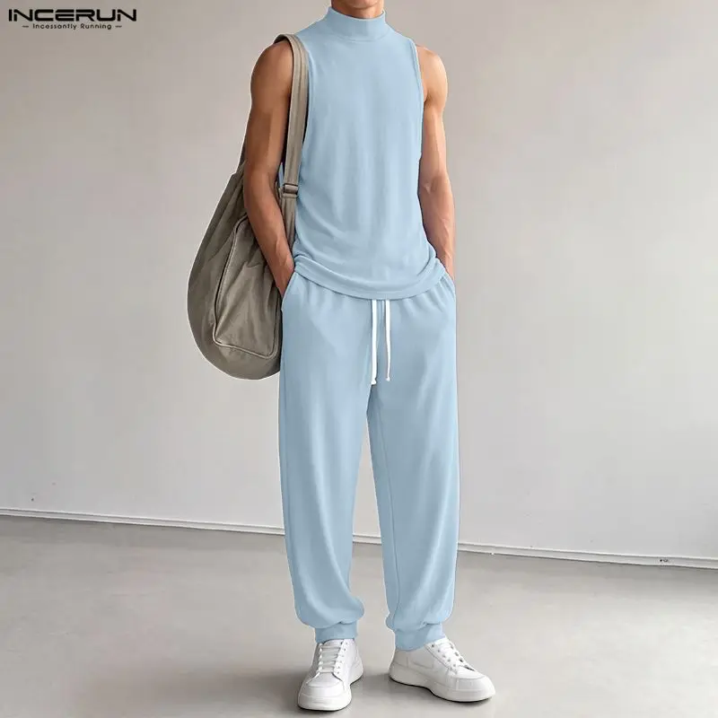 INCERUN Men Sets Solid Color Turtleneck Sleeveless Tank Tops Pants Two Piece Sets Streetwear Casual Men Matching Sets Tracksuits view 2