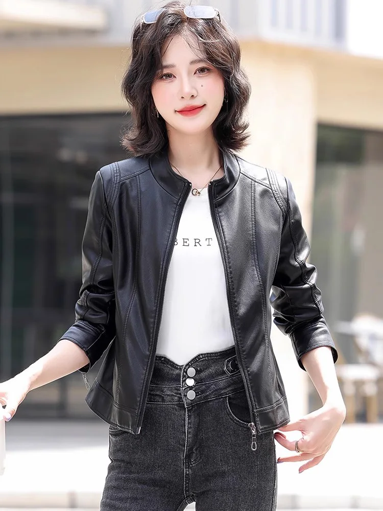 New Women Spring Autumn Biker Leather Jacket Fashion Stand Collar Easy match Short Leather Coat Casual Split Leather Jacket