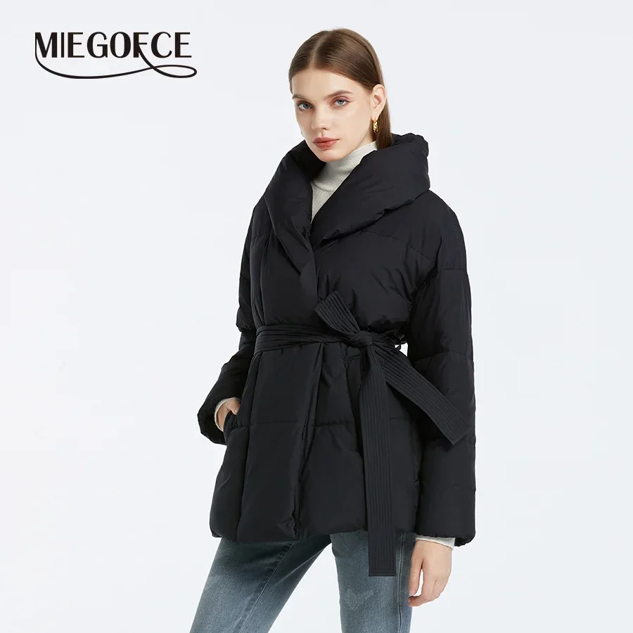 MIEGOFCE Winter Cotton Women's Jacket Long Sleeve V-Neck Loose Coat Casual Belt Hidden Buckle Parkas Fancy Design Outwear D23778