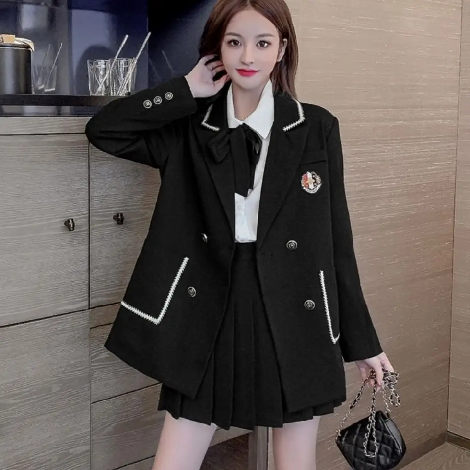 2023new Japan Korea Stijl Jk Uniform Set Afslanken Mode Strikje Shirt Jasje Geplooide Rok Drie-Stuk Sexy set G838