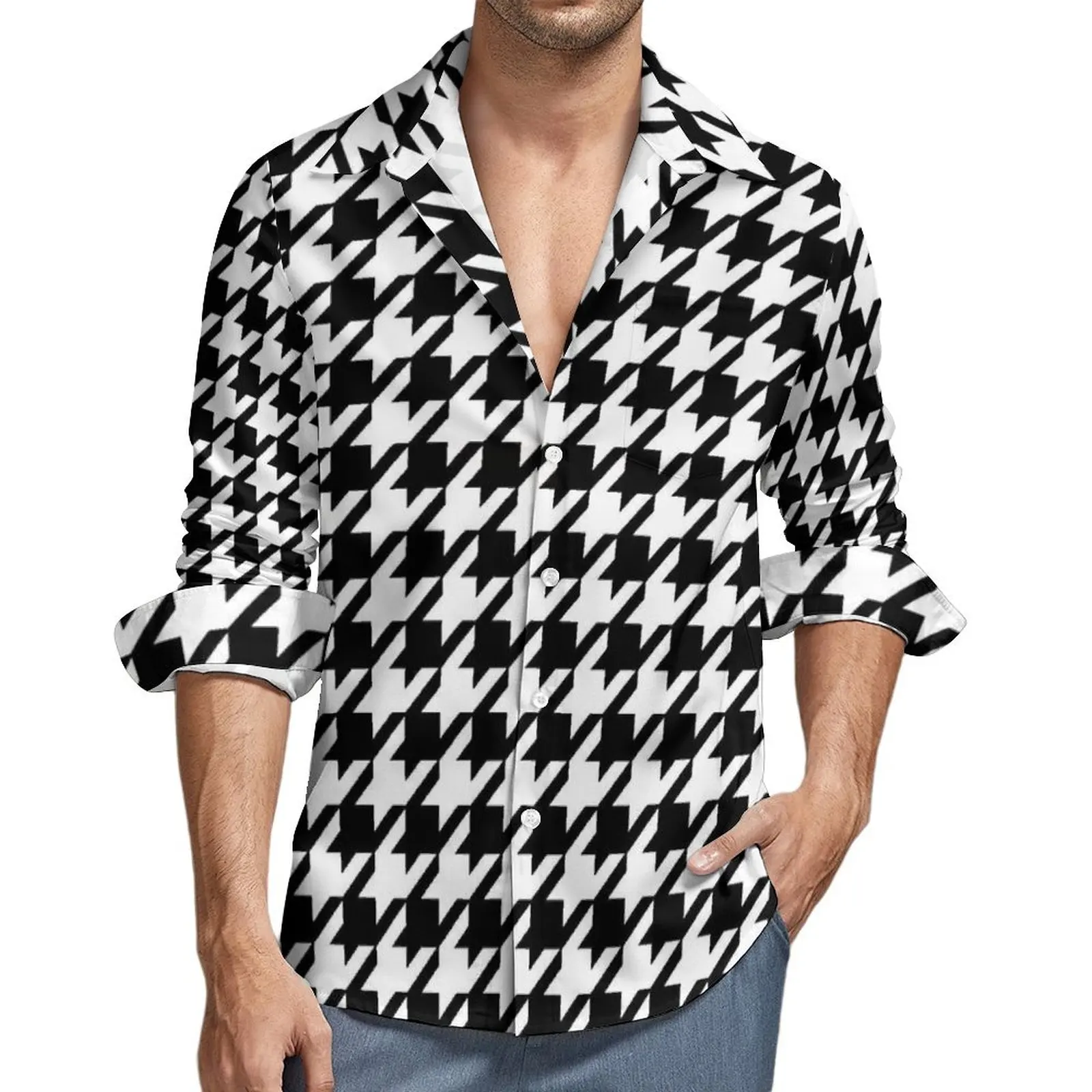 Blusa houndstooth preta e branca masculina, camisa de manga comprida, camisa casual clássica, blusa com design abstrato, plus size, primavera