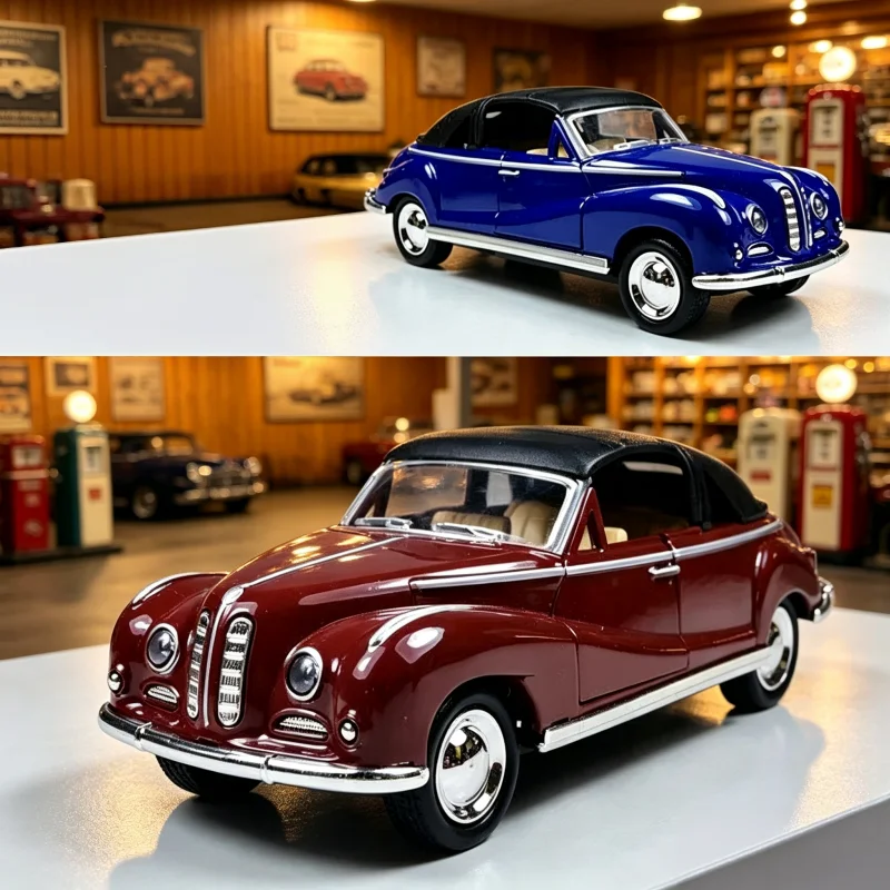 1:32 scale alloy retro soft-top convertible car model, with openable doors, featuring a vintage European-style metal-cast automo
