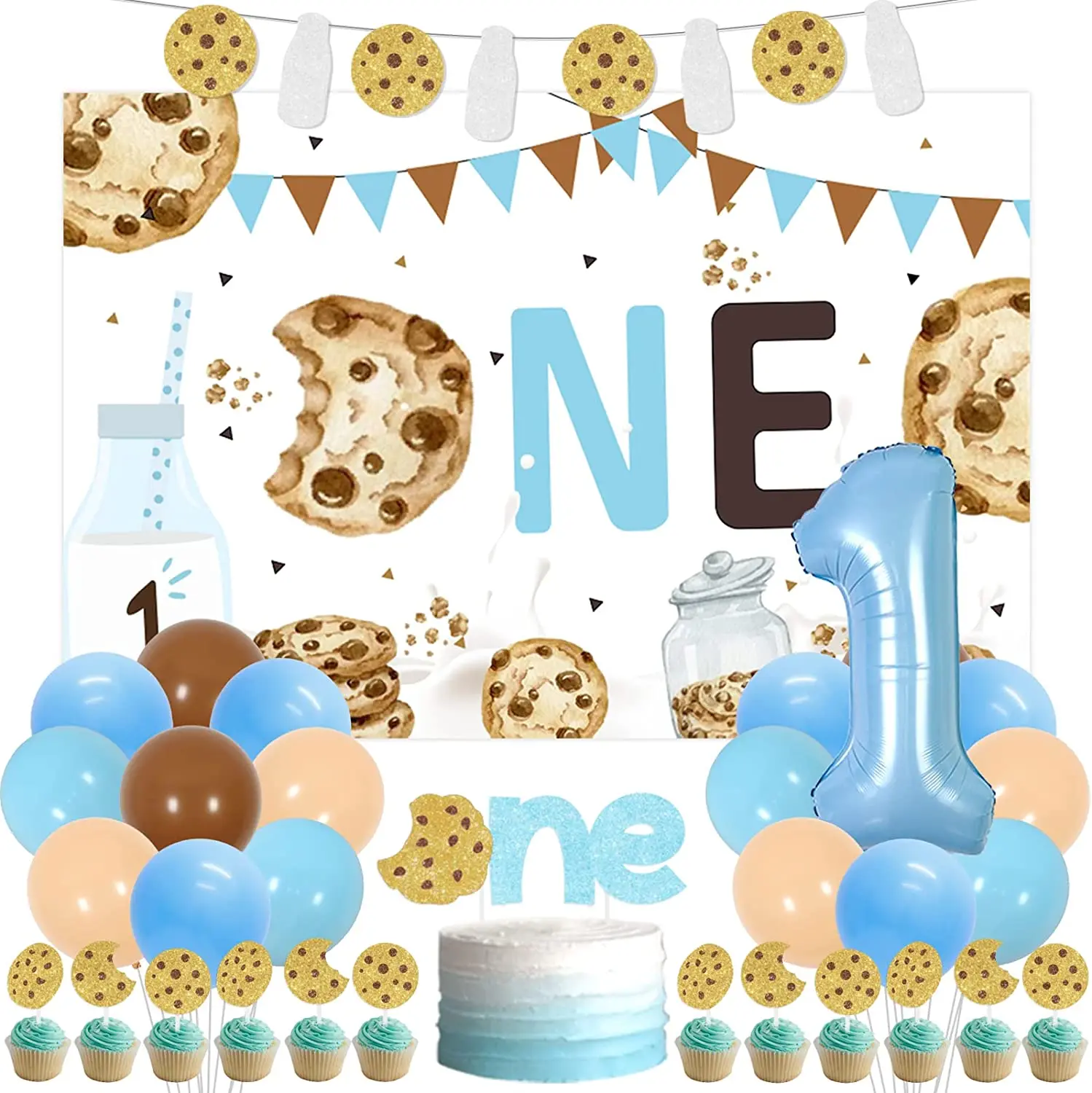 JOYMEMO Milk and Cookies 1st Birthday Party Decorations with Milk and Cookies Banner Backdrop Number 1 Foil Balloon Cake Topper